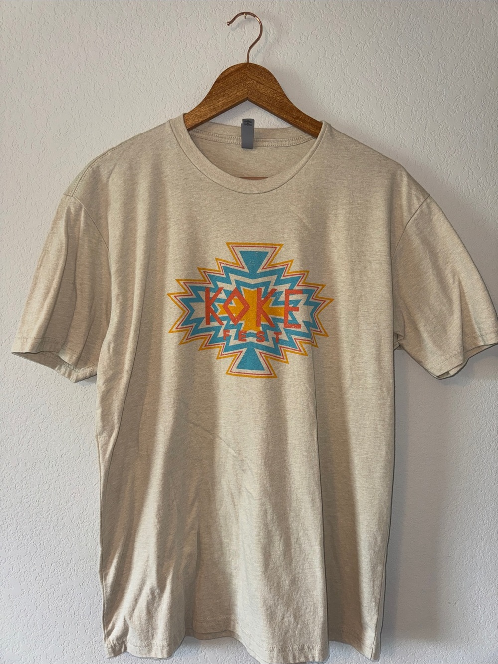 Large Men's Cream Kokefest Graphic Short Sleeve Tee with Native American design